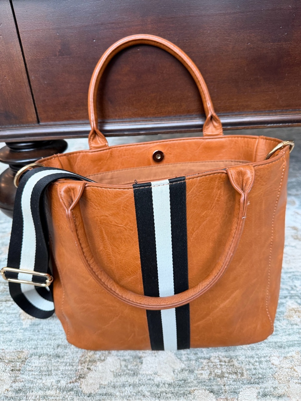 Socialthreads Tan Leather Tote Bag with Black & White Stripe Shoulder Strap